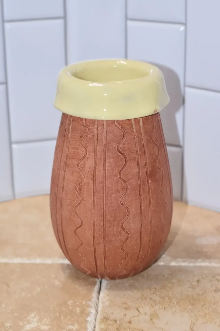 MCM Italian Handmade Studio Art Pottery Ceramic Glaze Rim Fold Vase Number 4028